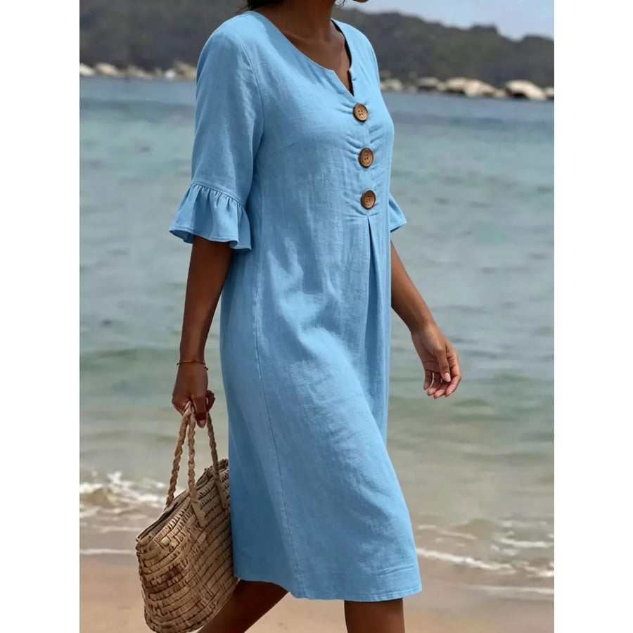 Full Size Button Decor Flounce Sleeve Dress Plus Size Apparel and Accessories