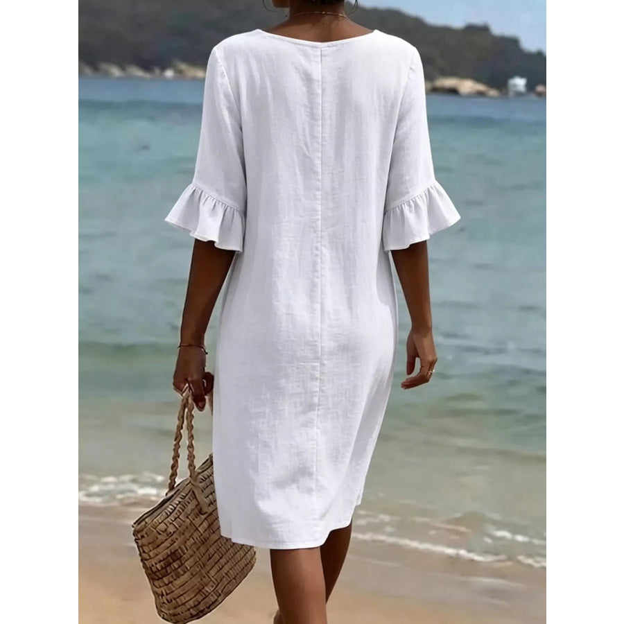 Full Size Button Decor Flounce Sleeve Dress Plus Size Apparel and Accessories