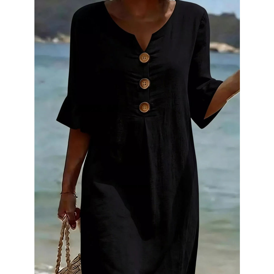 Full Size Button Decor Flounce Sleeve Dress Plus Size Black / S Apparel and Accessories