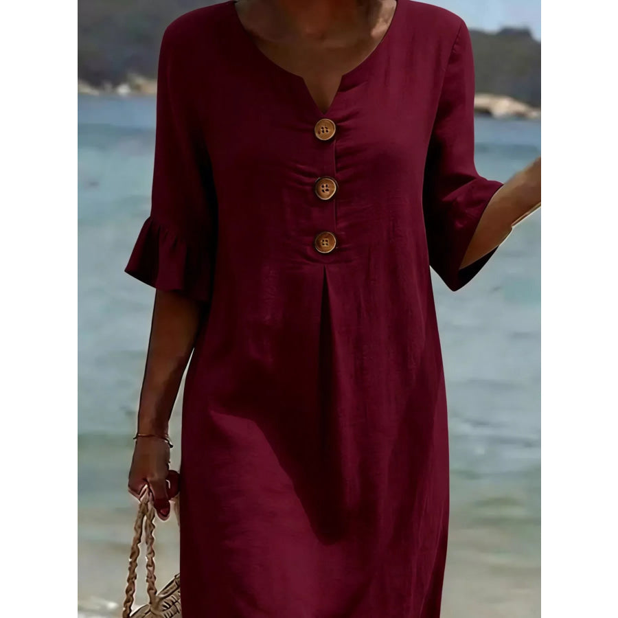 Full Size Button Decor Flounce Sleeve Dress Plus Size Burgundy / S Apparel and Accessories