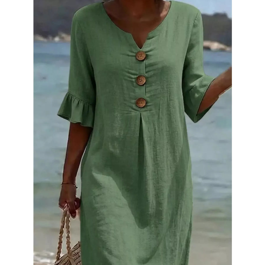 Full Size Button Decor Flounce Sleeve Dress Plus Size Green / S Apparel and Accessories