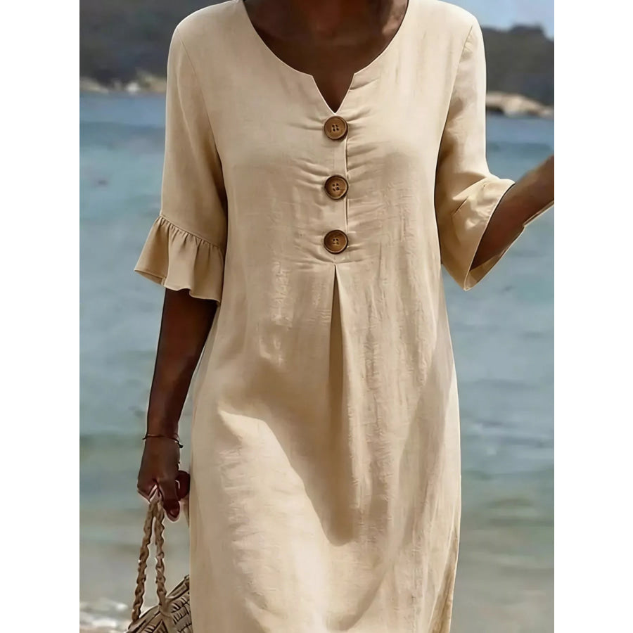 Full Size Button Decor Flounce Sleeve Dress Plus Size Khaki / S Apparel and Accessories