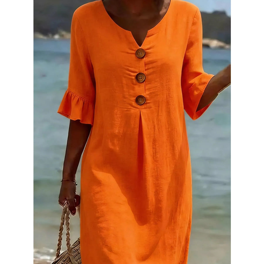 Full Size Button Decor Flounce Sleeve Dress Plus Size Orange / S Apparel and Accessories