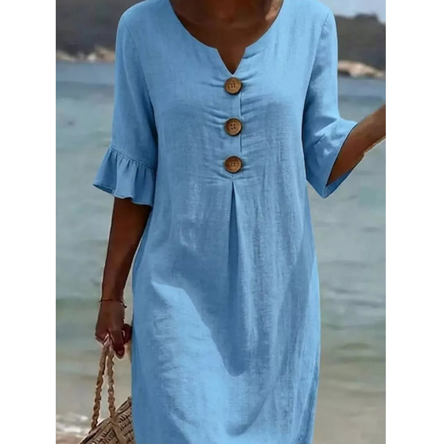 Full Size Button Decor Flounce Sleeve Dress Plus Size Sky Blue / S Apparel and Accessories
