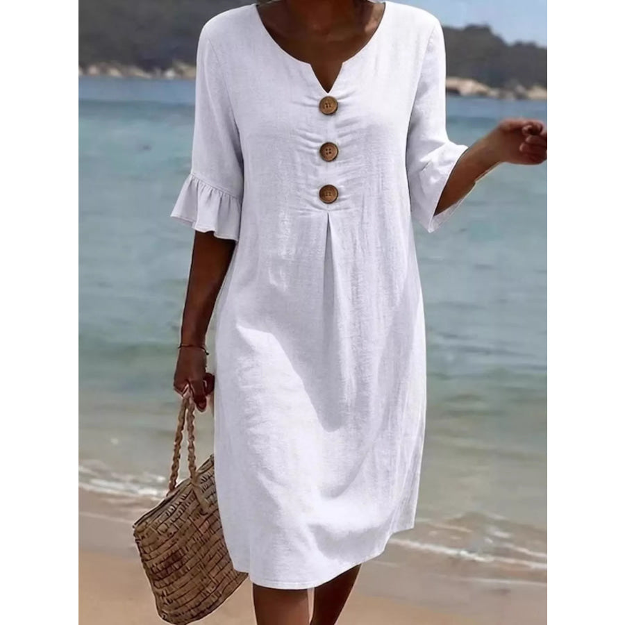Full Size Button Decor Flounce Sleeve Dress Plus Size White / S Apparel and Accessories