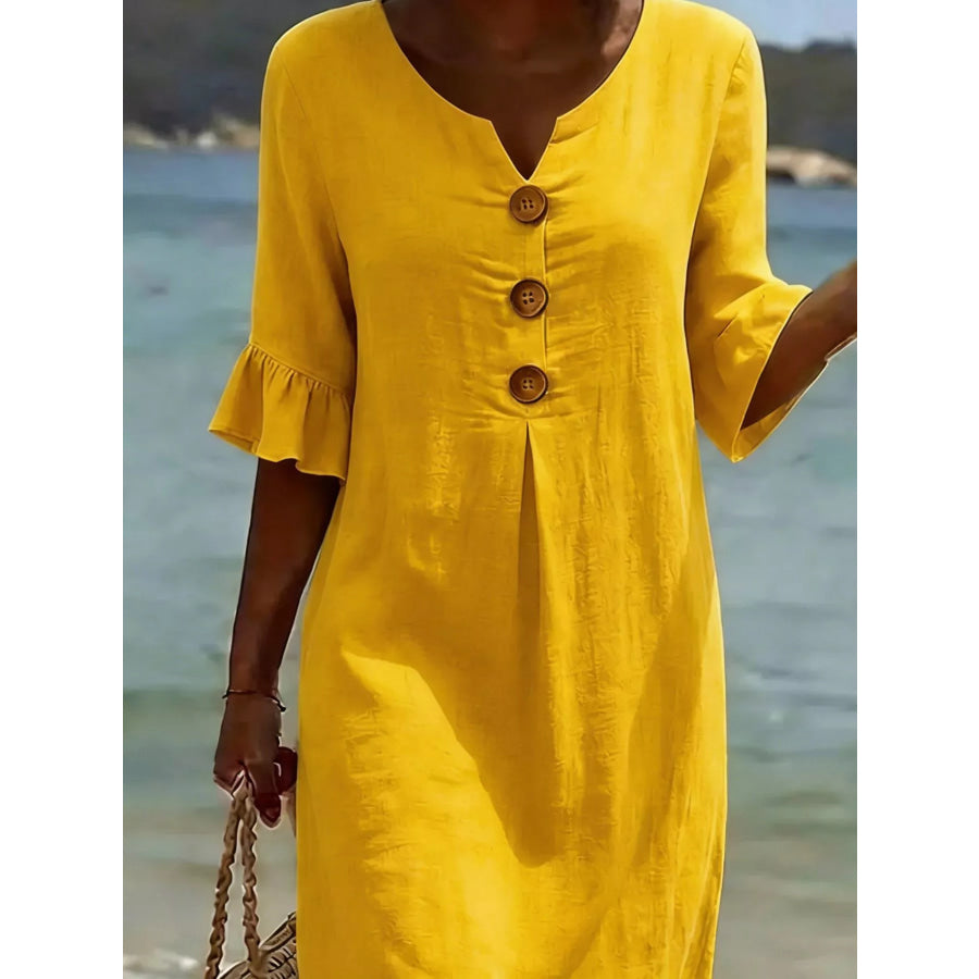 Full Size Button Decor Flounce Sleeve Dress Plus Size Yellow / S Apparel and Accessories