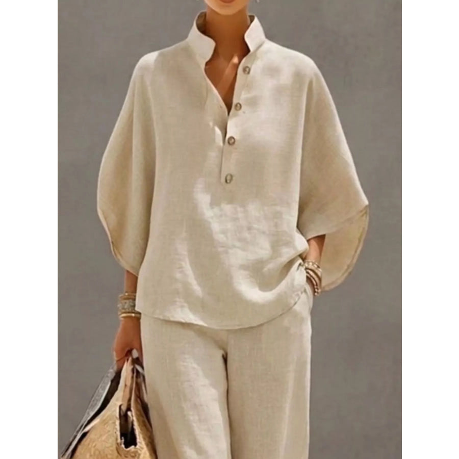 Full Size Button Detail 3/4 Sleeve Top and Pants Set Plus Size Apricot / S Apparel and Accessories