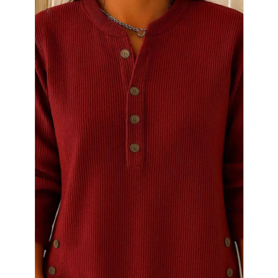 Full Size Button Detail Corduroy Top Plus Wine Red / S Apparel and Accessories