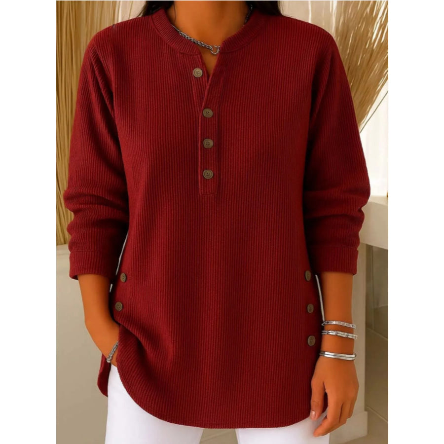 Full Size Button Detail Corduroy Top Plus Wine Red / S Apparel and Accessories