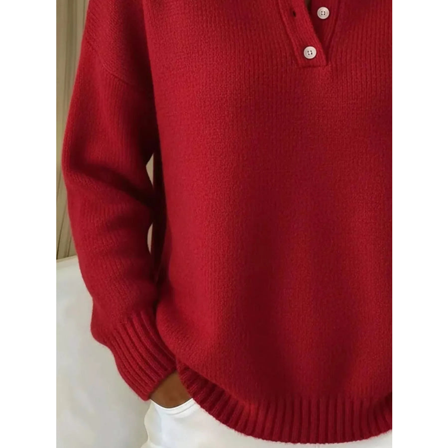 Full Size Button Detail Drop Shoulder Sweater Plus Size Apparel and Accessories