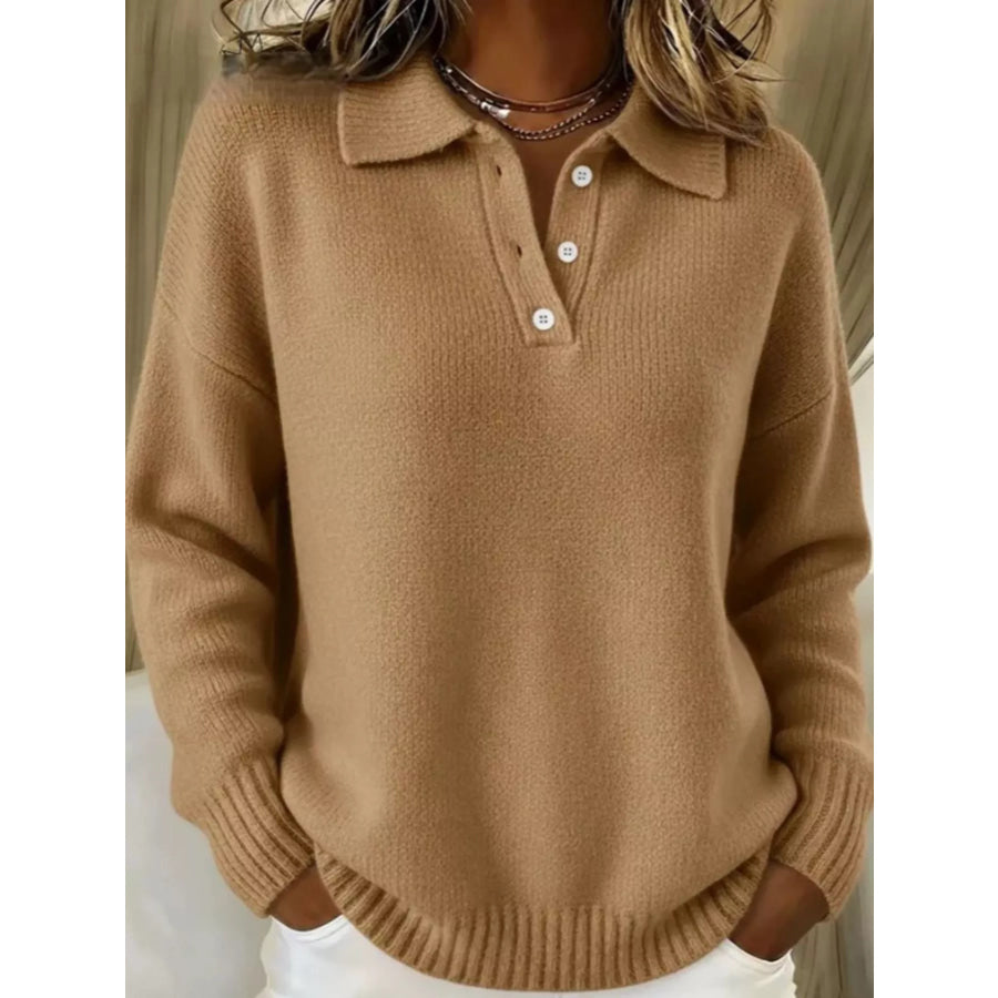 Full Size Button Detail Drop Shoulder Sweater Plus Size Apparel and Accessories
