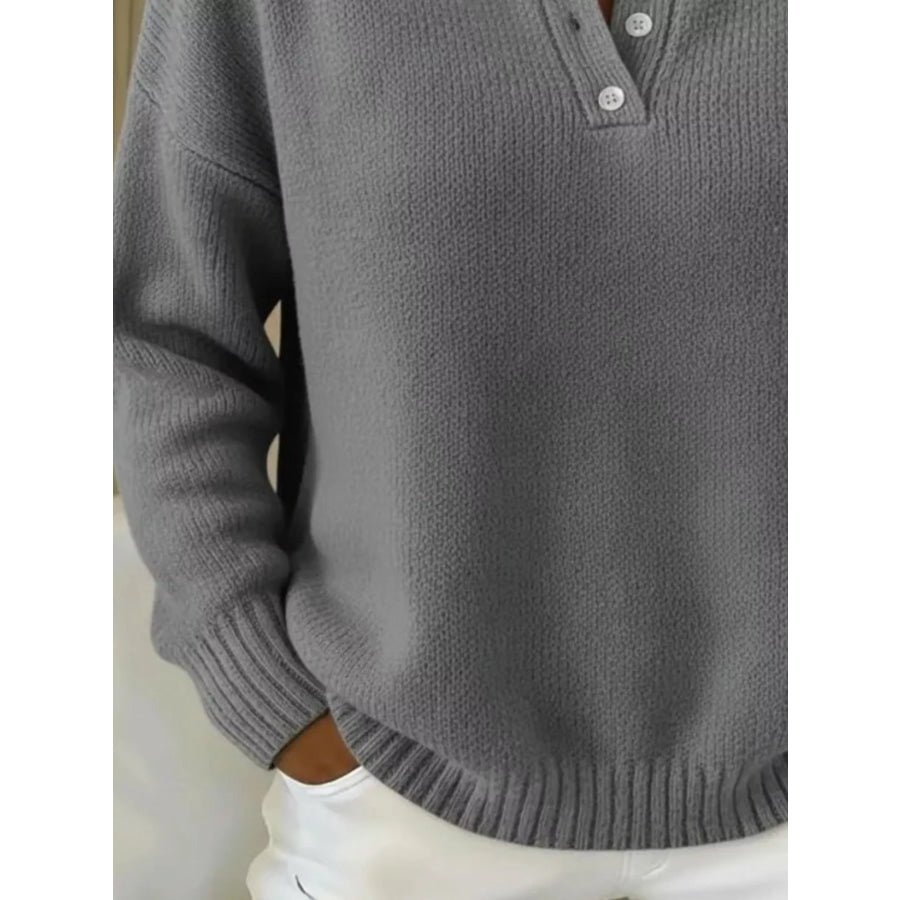Full Size Button Detail Drop Shoulder Sweater Plus Size Apparel and Accessories