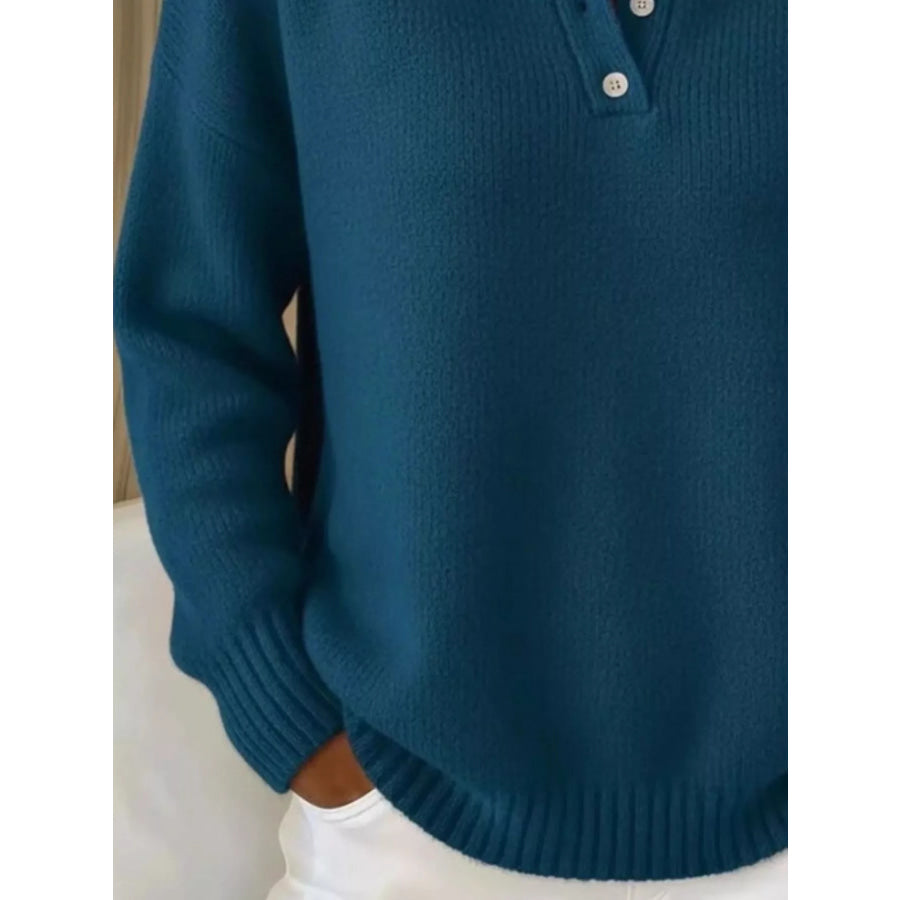 Full Size Button Detail Drop Shoulder Sweater Plus Size Apparel and Accessories