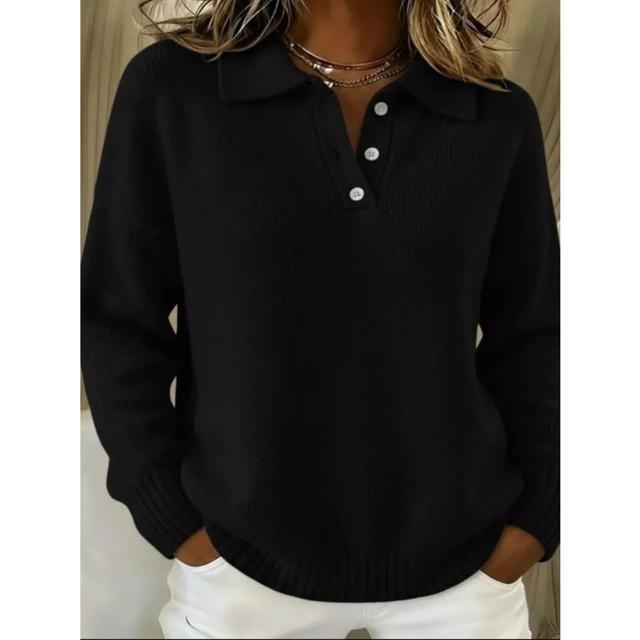 Full Size Button Detail Drop Shoulder Sweater Plus Size Black / S Apparel and Accessories