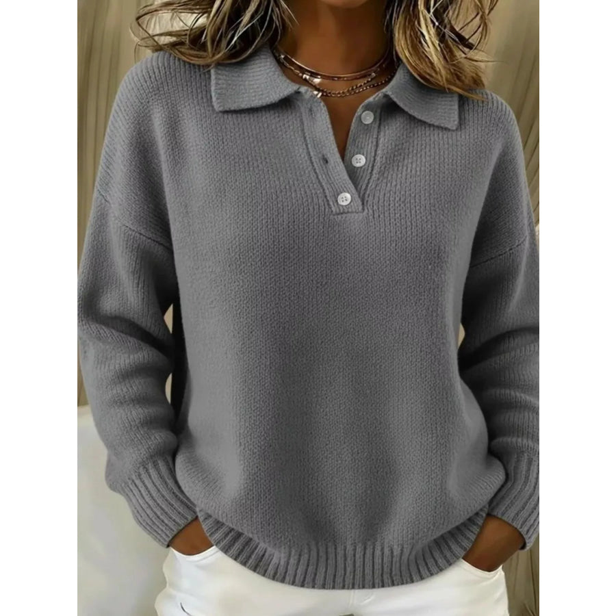 Full Size Button Detail Drop Shoulder Sweater Plus Size Gray / S Apparel and Accessories