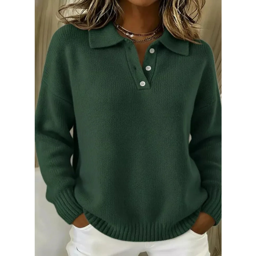 Full Size Button Detail Drop Shoulder Sweater Plus Size Green / S Apparel and Accessories