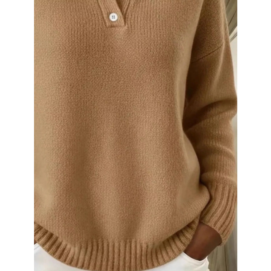 Full Size Button Detail Drop Shoulder Sweater Plus Size Khaki / S Apparel and Accessories