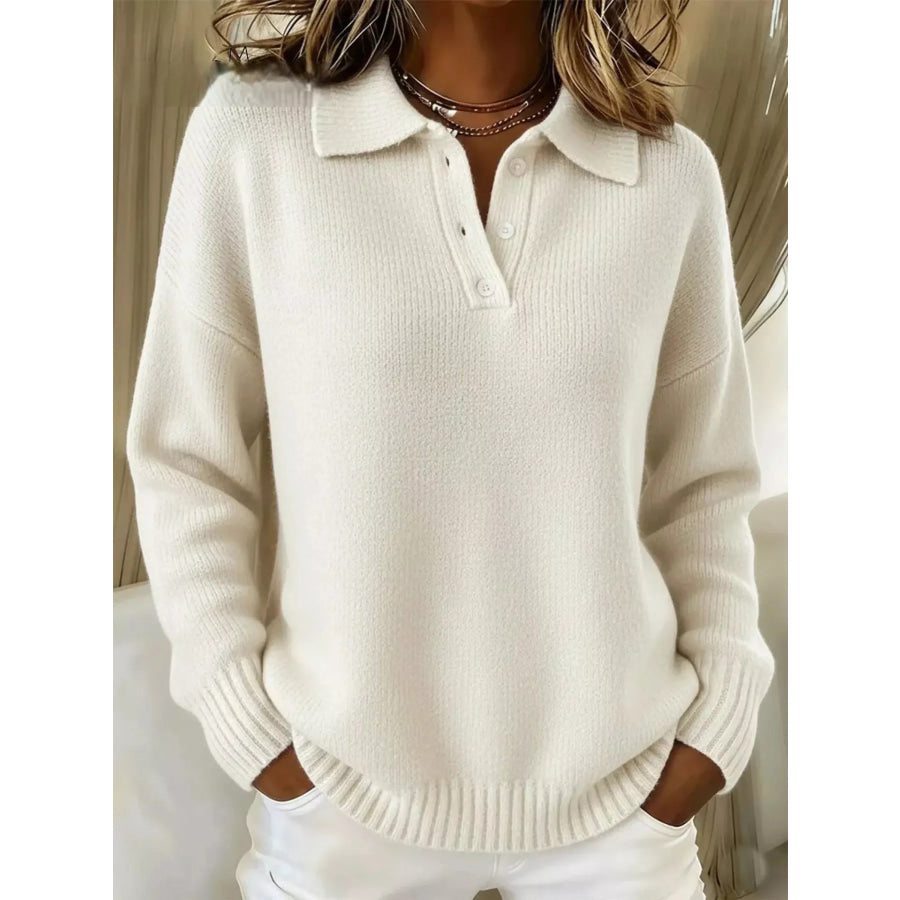 Full Size Button Detail Drop Shoulder Sweater Plus Size Milky White / S Apparel and Accessories
