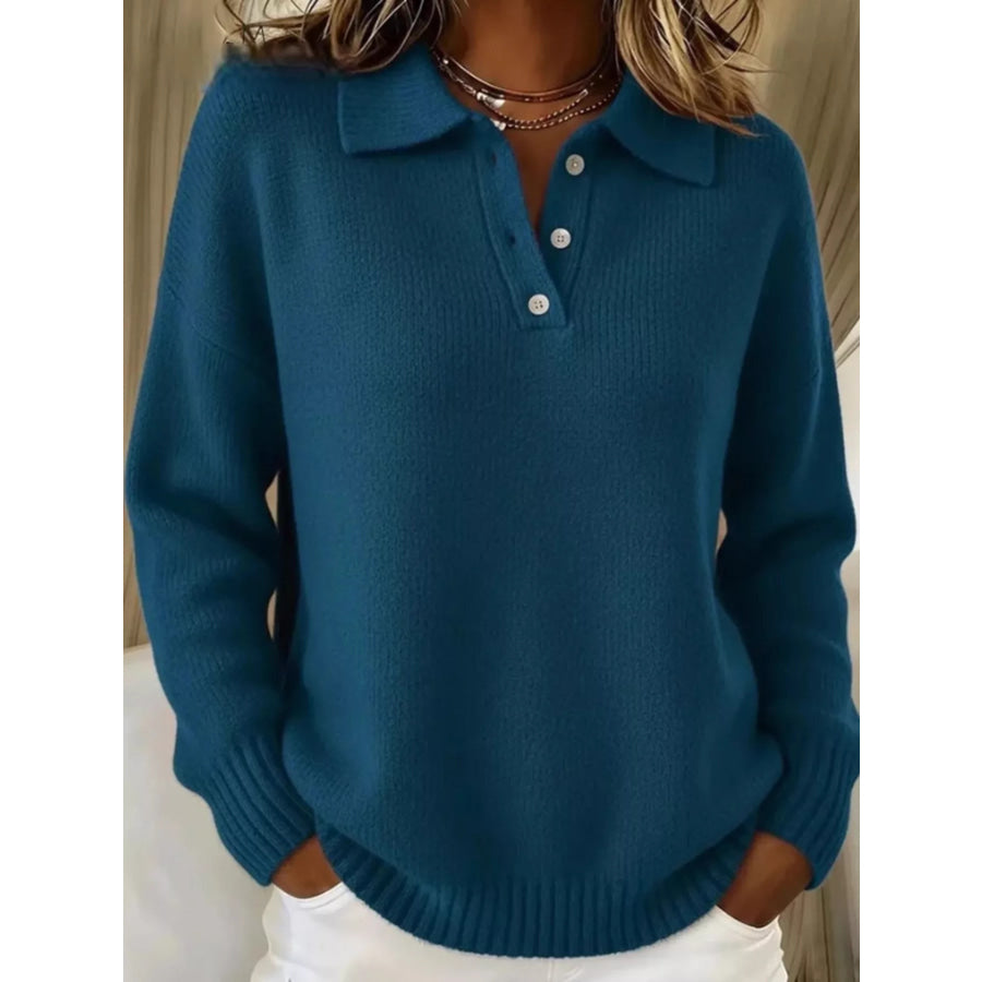 Full Size Button Detail Drop Shoulder Sweater Plus Size Navy Blue / S Apparel and Accessories
