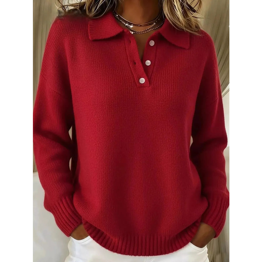 Full Size Button Detail Drop Shoulder Sweater Plus Size Red / S Apparel and Accessories