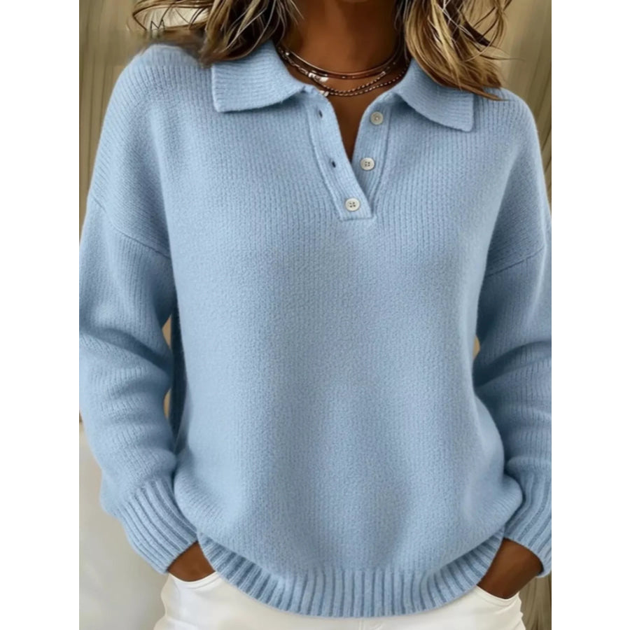Full Size Button Detail Drop Shoulder Sweater Plus Size Sky Blue / S Apparel and Accessories