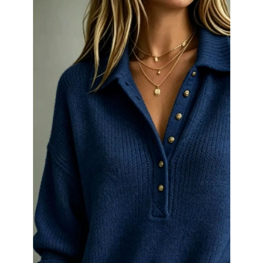 Full Size Button Detail Dropped Shoulder Sweater Plus Apparel and Accessories