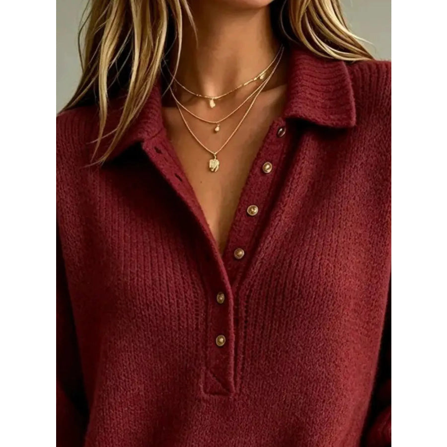 Full Size Button Detail Dropped Shoulder Sweater Plus Apparel and Accessories