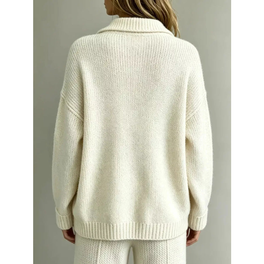 Full Size Button Detail Dropped Shoulder Sweater Plus White / S Apparel and Accessories