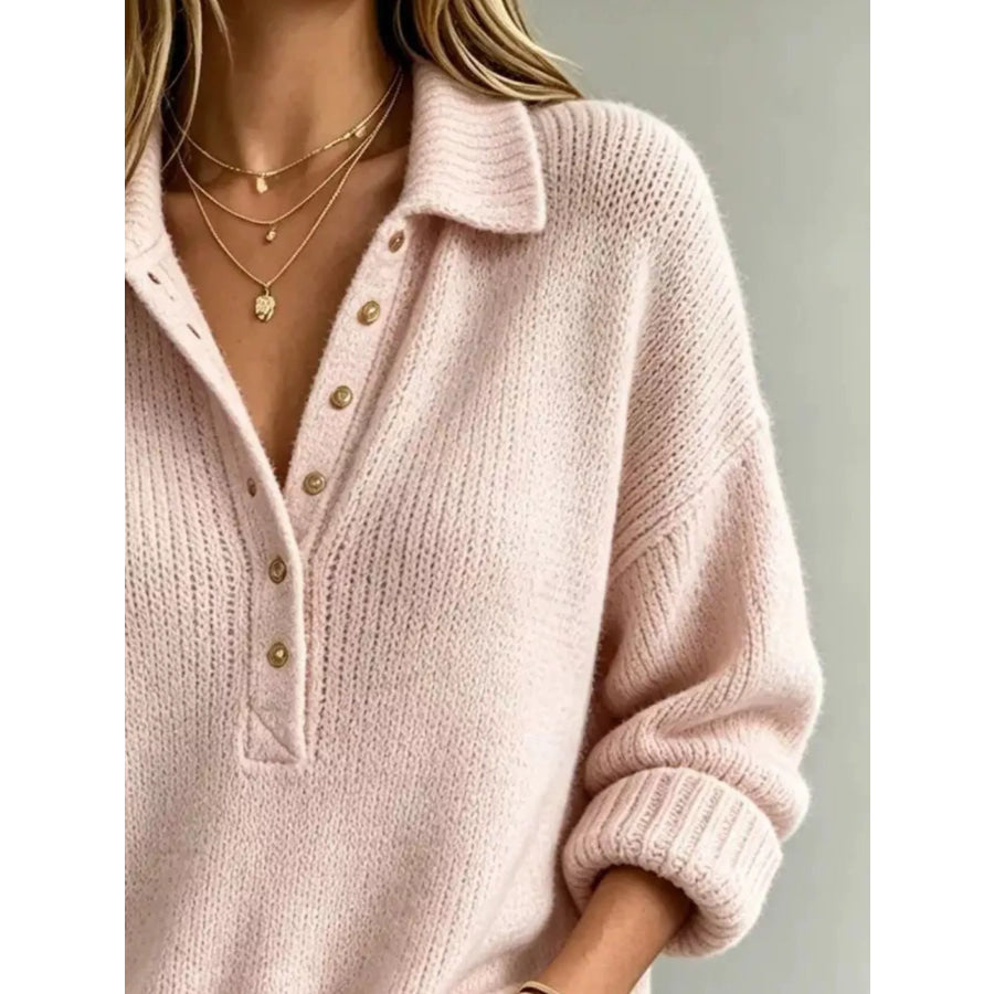 Full Size Button Detail Dropped Shoulder Sweater Plus Apparel and Accessories