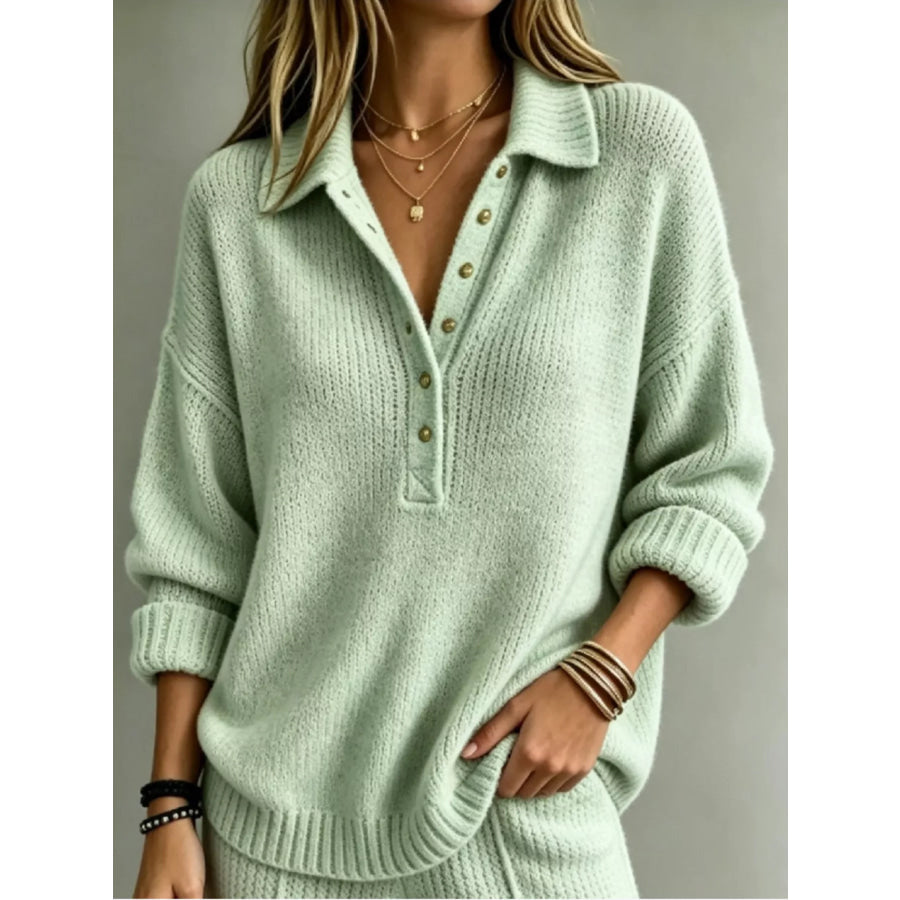 Full Size Button Detail Dropped Shoulder Sweater Plus Green / S Apparel and Accessories