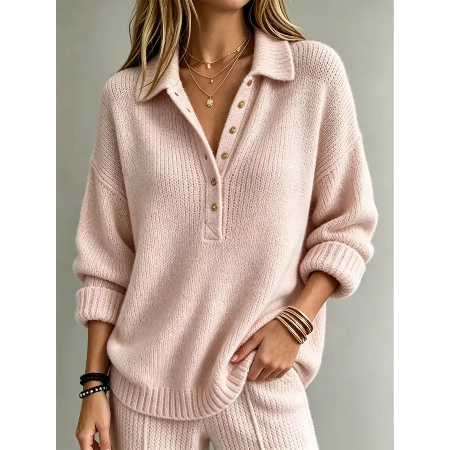 Full Size Button Detail Dropped Shoulder Sweater Plus Pink / S Apparel and Accessories
