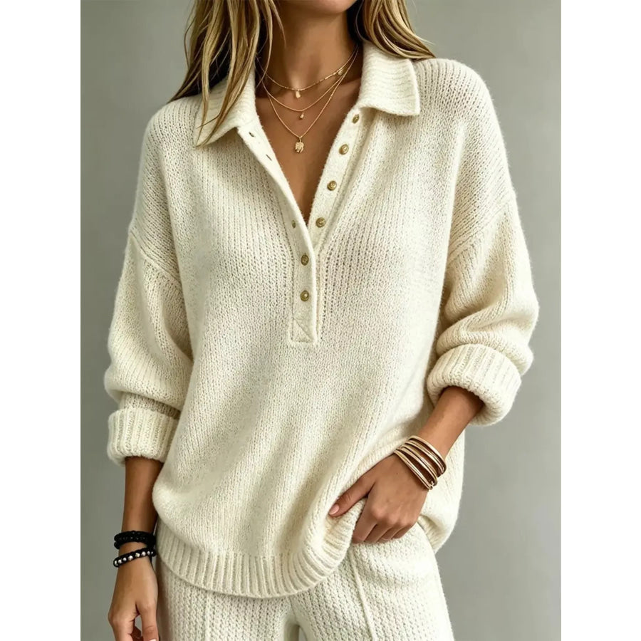 Full Size Button Detail Dropped Shoulder Sweater Plus White / S Apparel and Accessories