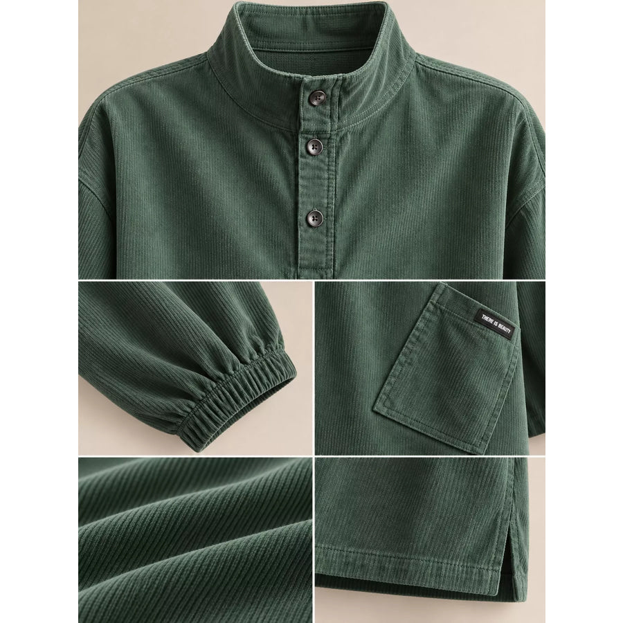 Full Size Button Detail Dropped Shoulder Sweatshirt Plus Apparel and Accessories