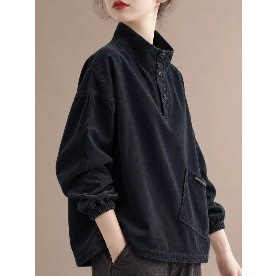 Full Size Button Detail Dropped Shoulder Sweatshirt Plus Apparel and Accessories