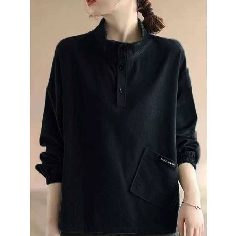 Full Size Button Detail Dropped Shoulder Sweatshirt Plus Black-New Arrival-Spring And Fall / S Apparel Accessories