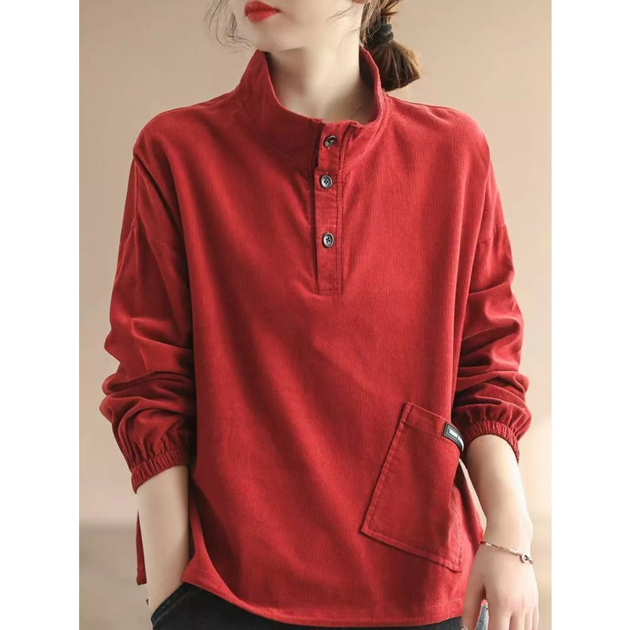 Full Size Button Detail Dropped Shoulder Sweatshirt Plus Red-New Arrival-Spring And Fall / S Apparel Accessories