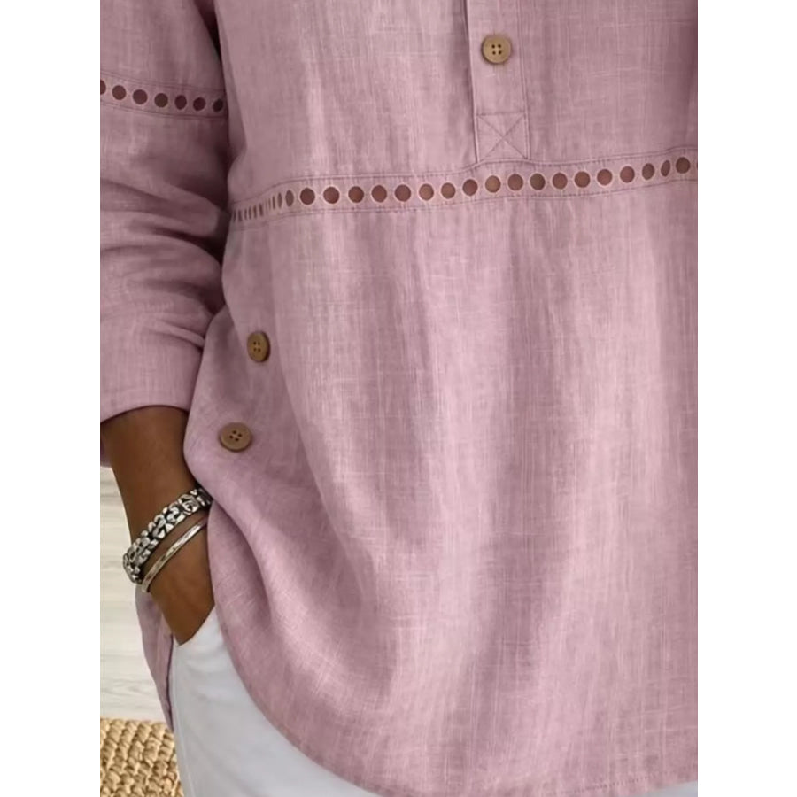 Full Size Button Detail Eyelet Long Sleeve Blouse Plus Apparel and Accessories