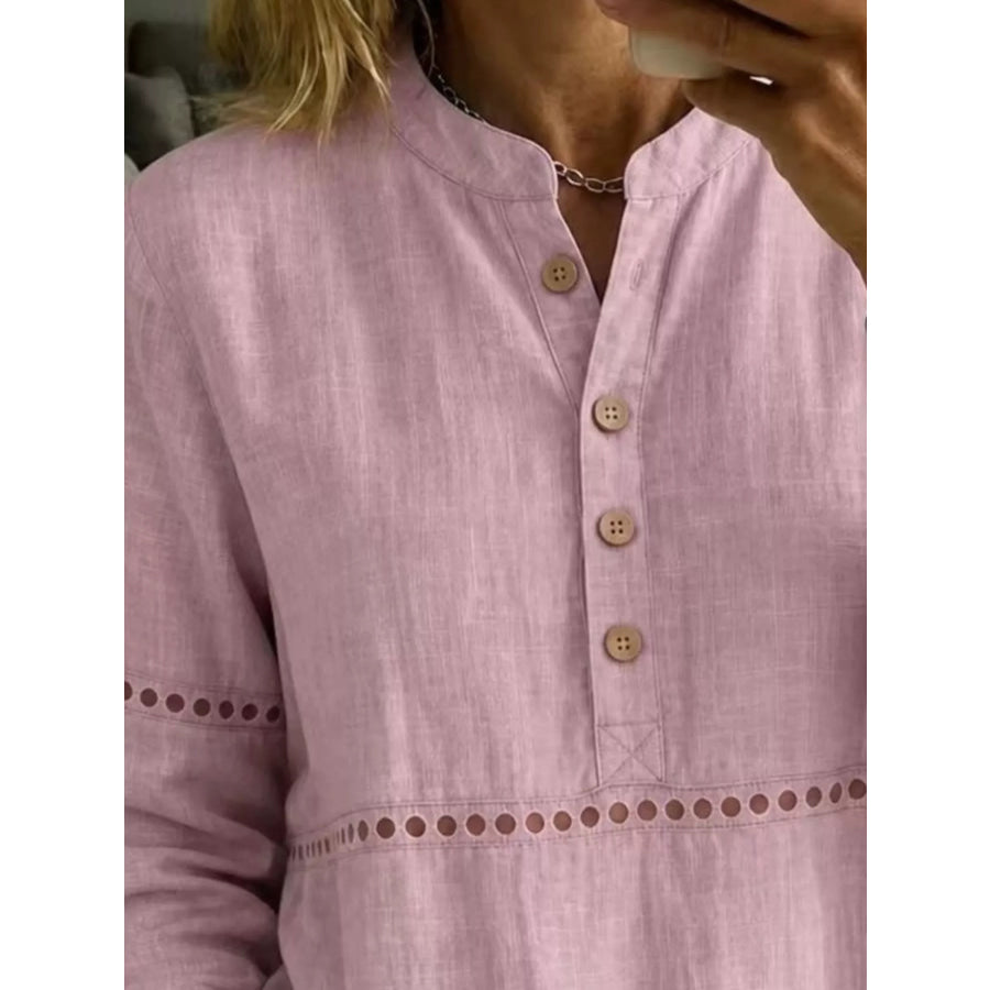Full Size Button Detail Eyelet Long Sleeve Blouse Plus Apparel and Accessories