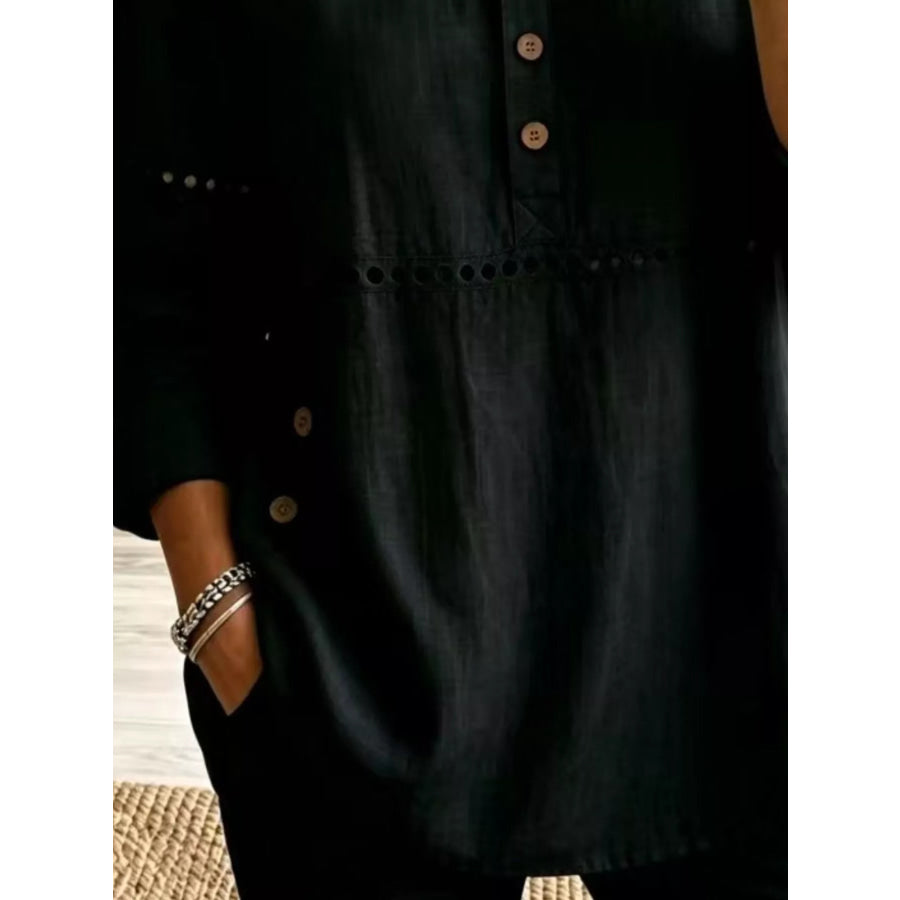 Full Size Button Detail Eyelet Long Sleeve Blouse Plus Apparel and Accessories