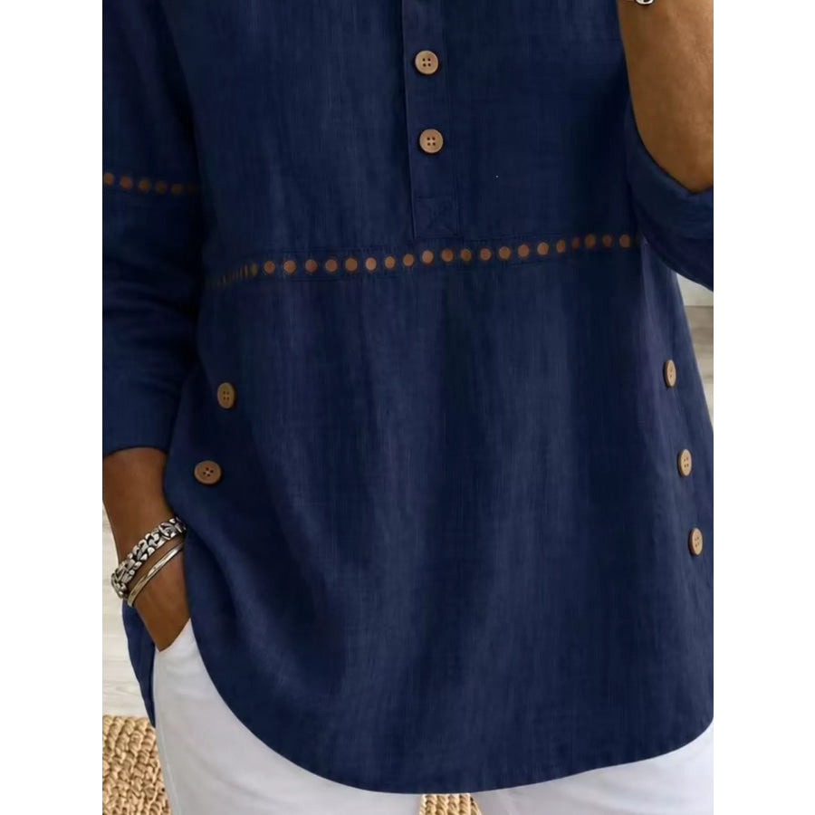 Full Size Button Detail Eyelet Long Sleeve Blouse Plus Apparel and Accessories