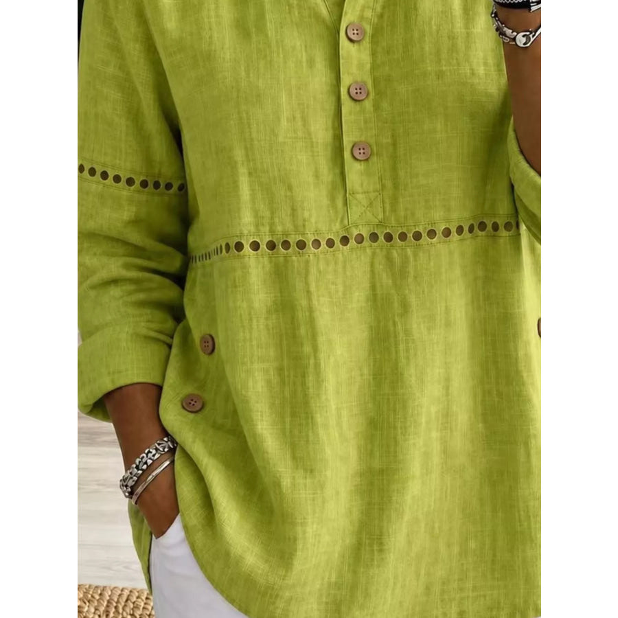Full Size Button Detail Eyelet Long Sleeve Blouse Plus Apparel and Accessories