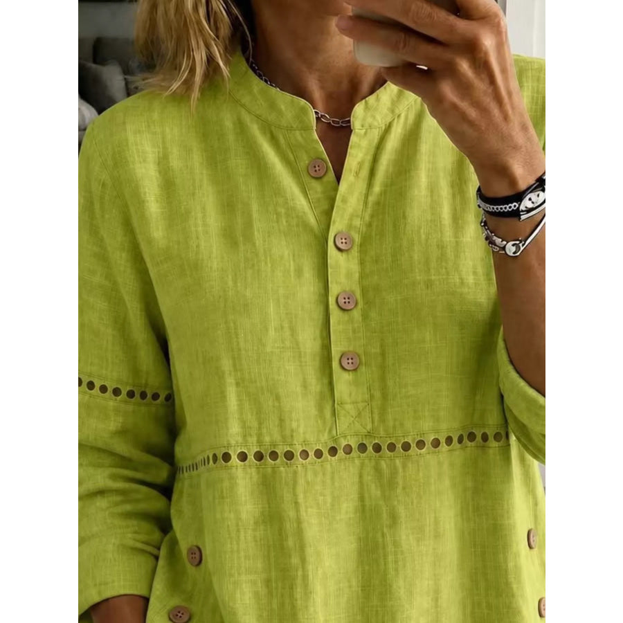 Full Size Button Detail Eyelet Long Sleeve Blouse Plus Apparel and Accessories