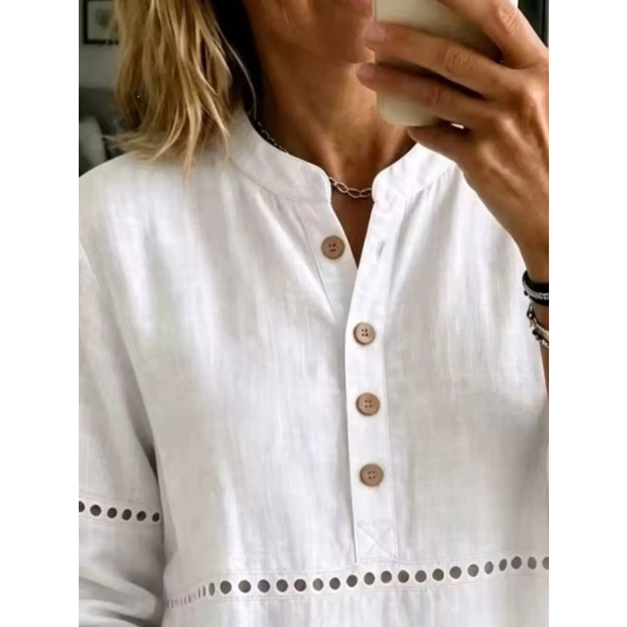 Full Size Button Detail Eyelet Long Sleeve Blouse Plus Apparel and Accessories