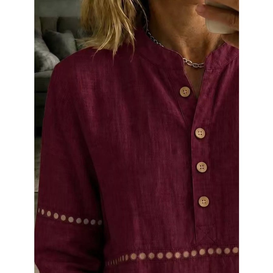 Full Size Button Detail Eyelet Long Sleeve Blouse Plus Apparel and Accessories