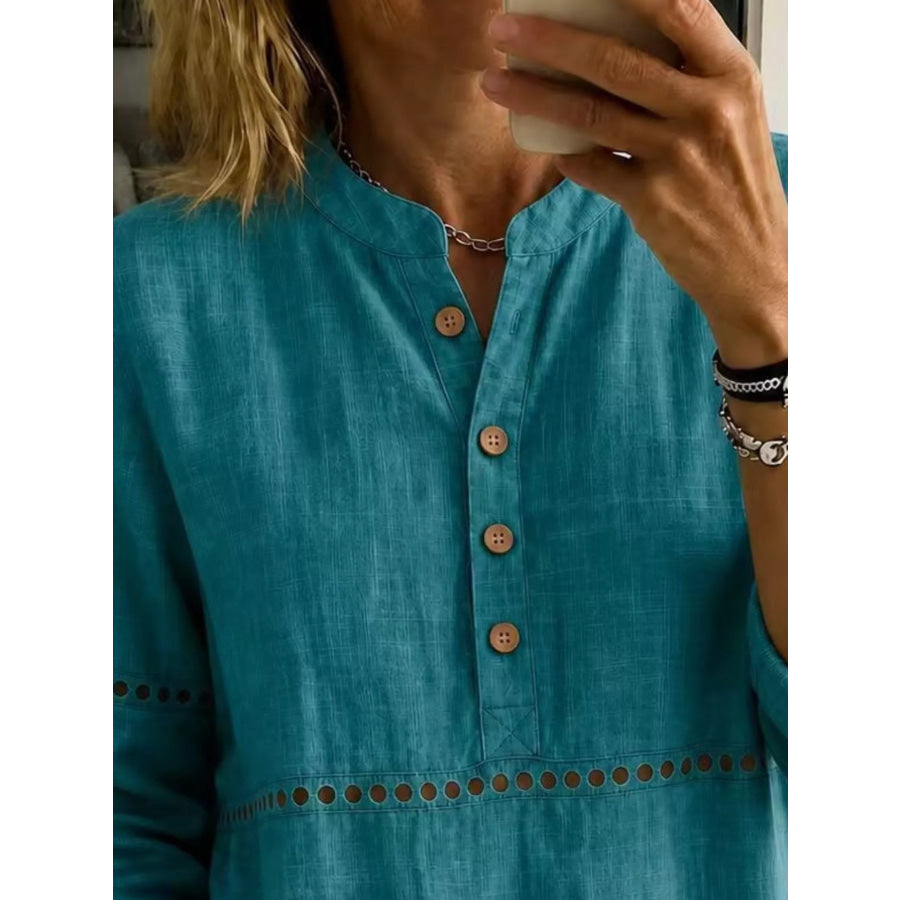 Full Size Button Detail Eyelet Long Sleeve Blouse Plus Apparel and Accessories