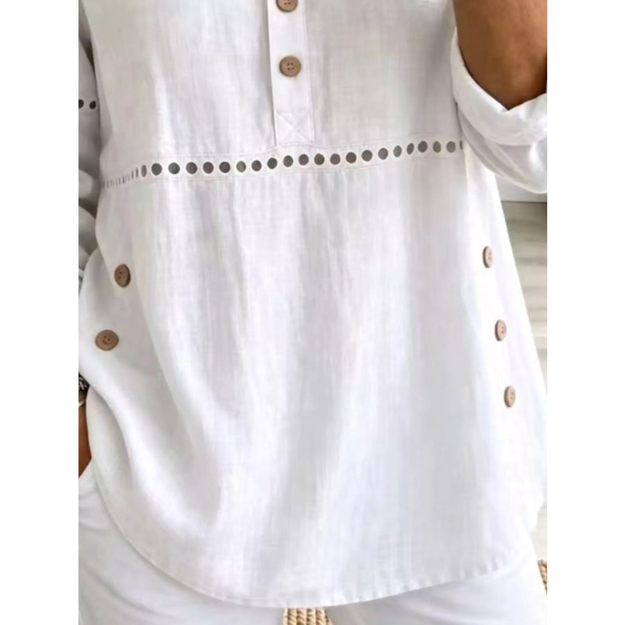 Full Size Button Detail Eyelet Long Sleeve Blouse Plus Apparel and Accessories