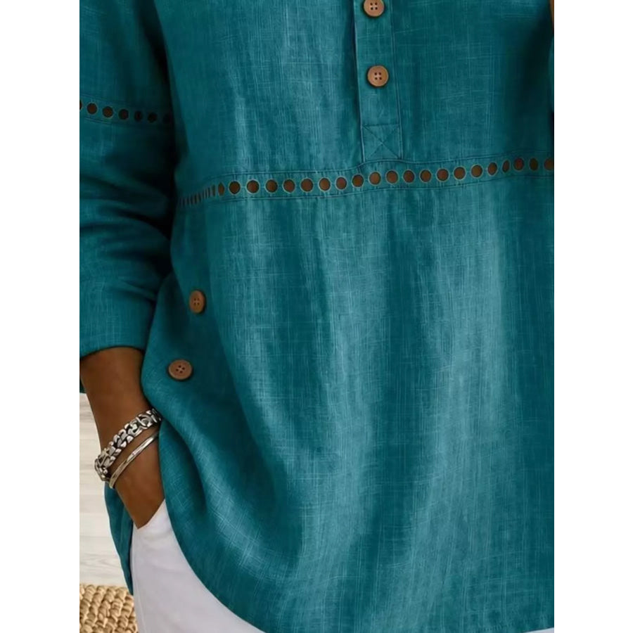 Full Size Button Detail Eyelet Long Sleeve Blouse Plus Apparel and Accessories