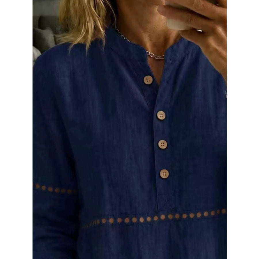 Full Size Button Detail Eyelet Long Sleeve Blouse Plus Apparel and Accessories