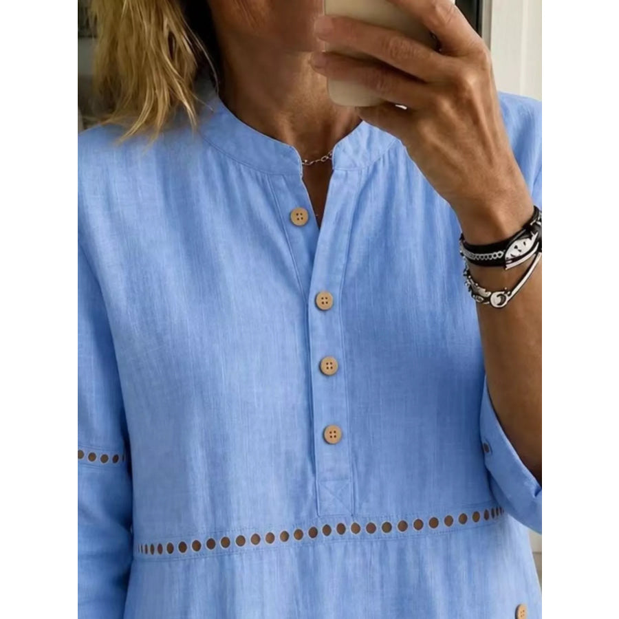 Full Size Button Detail Eyelet Long Sleeve Blouse Plus Apparel and Accessories