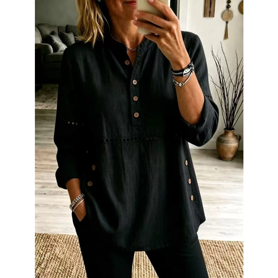 Full Size Button Detail Eyelet Long Sleeve Blouse Plus Black / S Apparel and Accessories